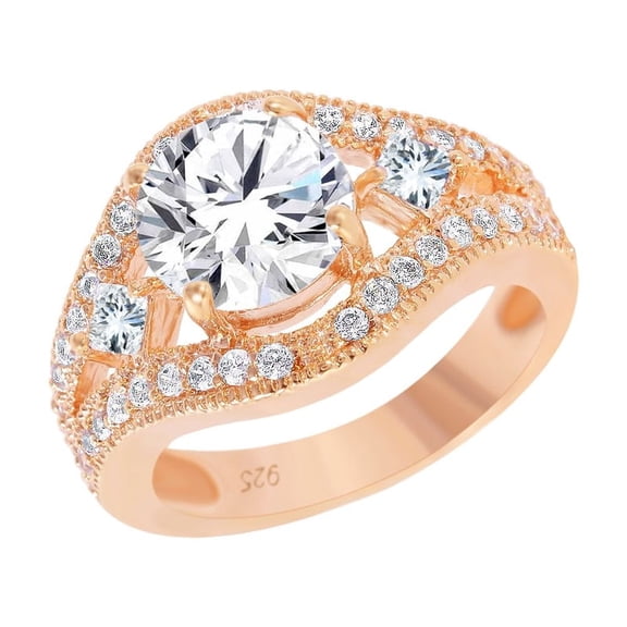 Rose Gold Plated Sterling Silver 925 Multi Shaped Clear Cubic Zirconia Dome Ring White Female Size 5