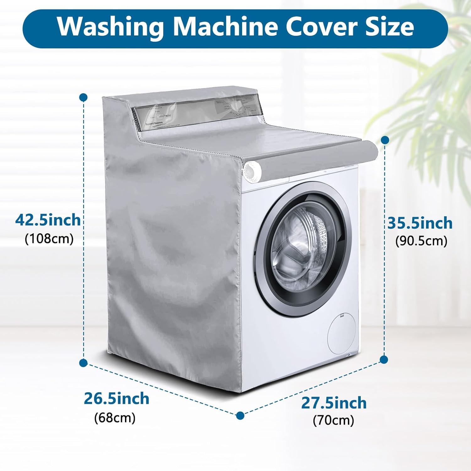 ABPETE 1 Pack Washing Machine Cover, Waterproof Dustproof Washer Dryer Cover with Zipper and Perspective Window ,Fit for Front Load or Top Washer and Dryer 27"Wx26"Dx43"H,Silver