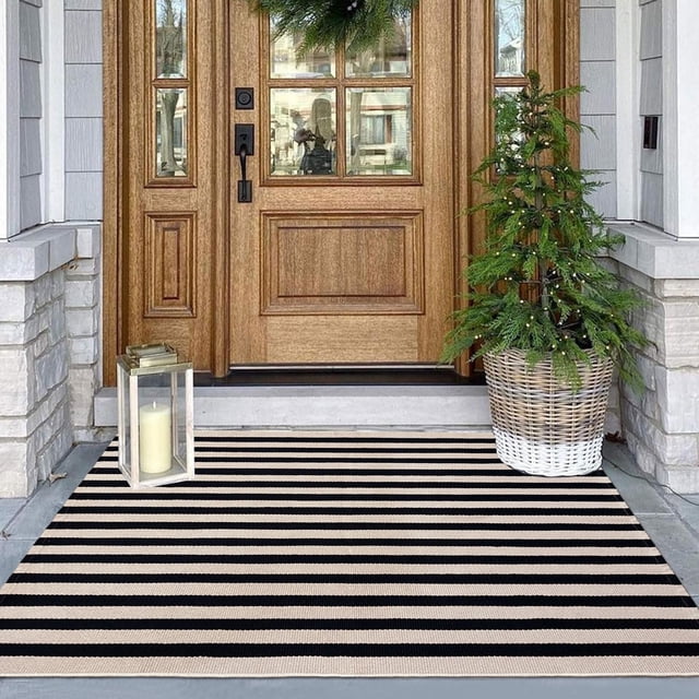 Rustaa Tapis Intérieur Extérieur 3x5 Tapis de Porte d'Entrée Extérieur Tapis de Bienvenue en Coton Extérieur Tapis Superposé Style Ferme Lavable à Rayures Tapis Extérieurs pour Entrée