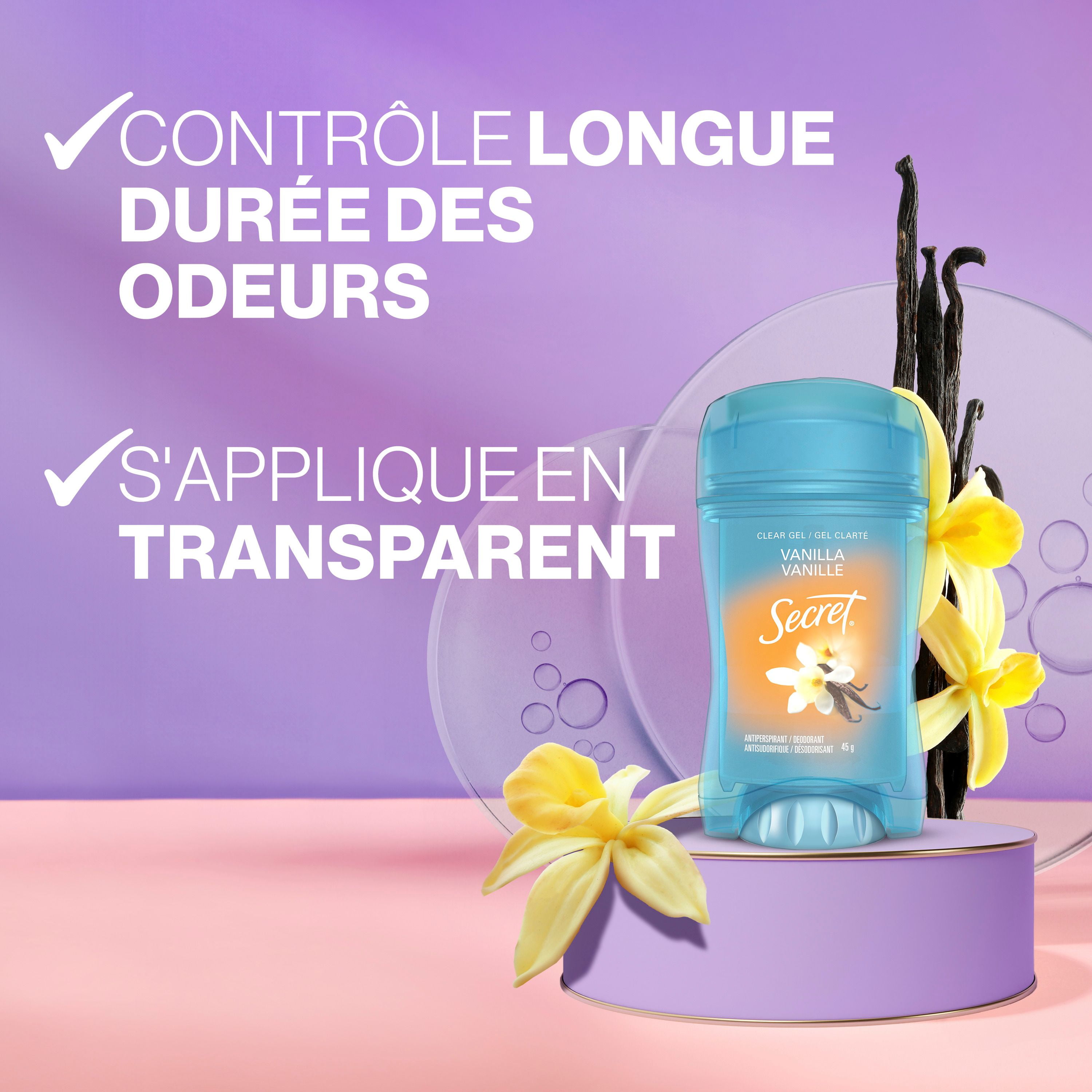 Antisudorifique et désodorisant gel clarté Secret, parfum Vanille