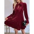 thumbnail image 4 of Female Loose Fit Bow-Tie Neck Long Sleeve Velvet Mini Babydoll Dresses Shift Dress Wine Red M, 4 of 10