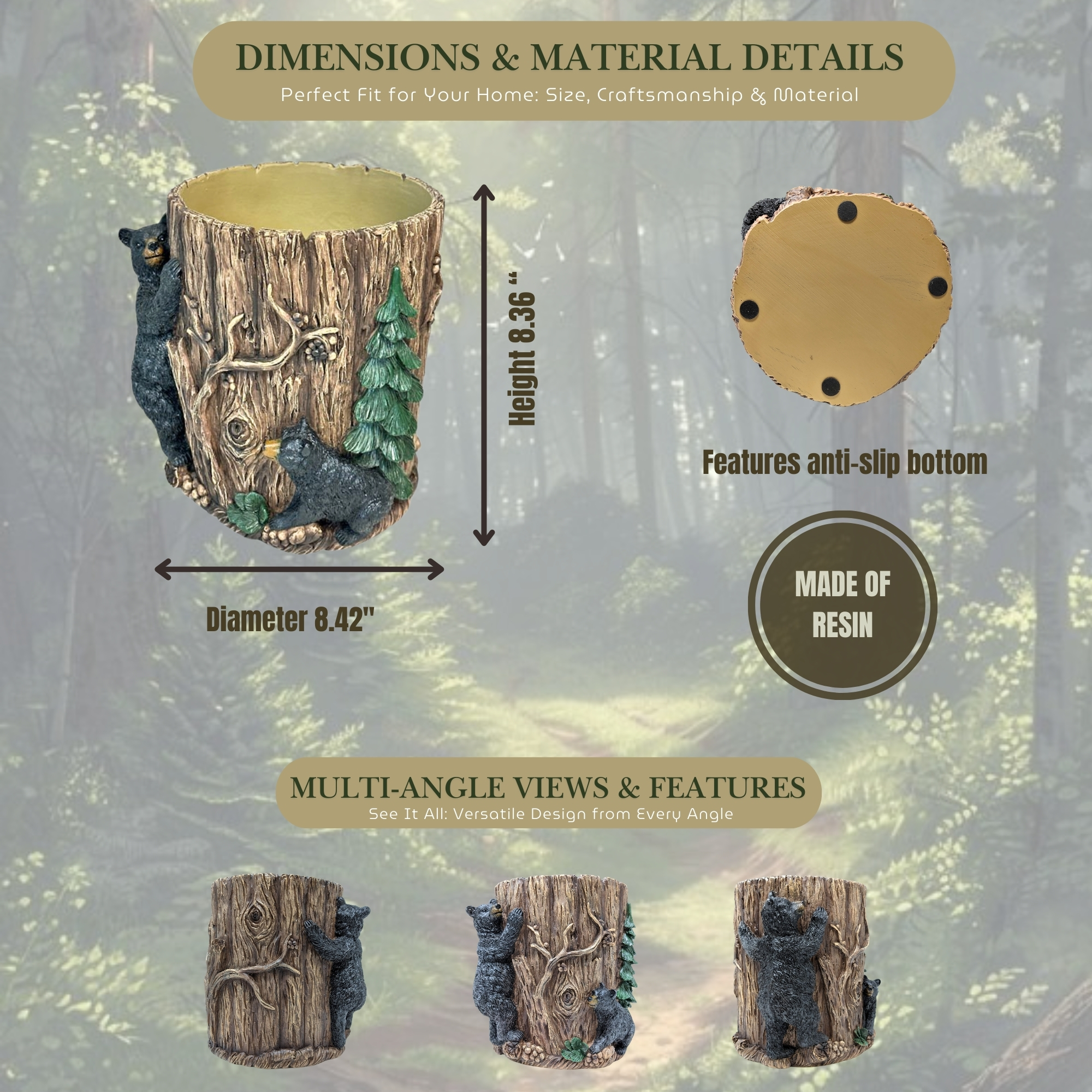 Rustic Bear Wastebasket for Cabin Bathroom or Bedroom – Decorative Wildlife Resin Trash Can – Mountain Lodge Decor for Home, Office or Vanity – Housewarming Gift or Birthday Holiday Gift Idea