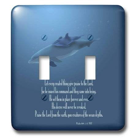 3dRose Mother and Baby Dolphin swimming in the aqua colored ocean with the Bible verse Psalm 148 v 5-7 - Double Toggle Switch (lsp_36108_2)