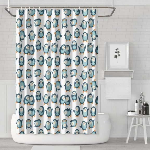 72" x 72" Penguin Shower Curtain - Cute Emperor Penguin & Snowflake Winter Animal Print Waterproof Bathroom Drape with Metal Grommets & Hooks