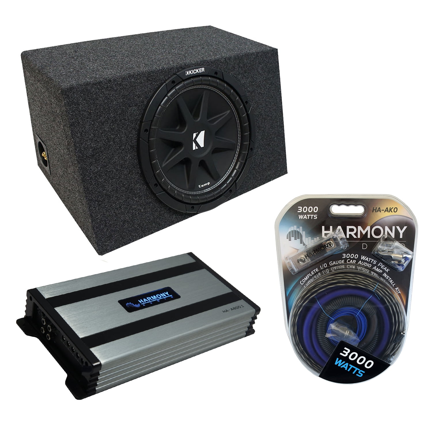 Universal Car Stereo Vented Port Single 12 Kicker Bundle CompR CWR12 Sub Box Enclosure & Harmony HA-A800.1 Amp 