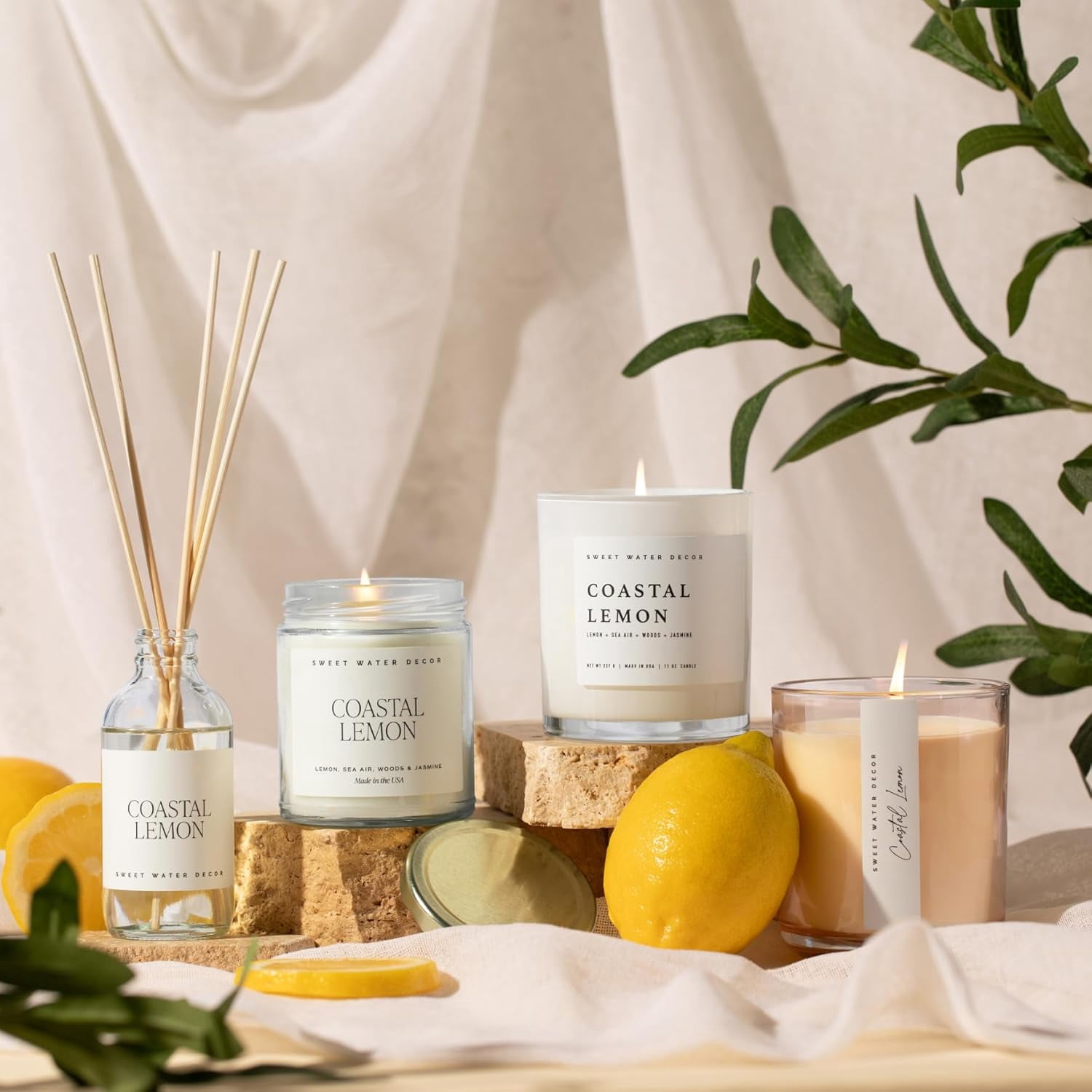 Coastal Lemon Scented Candles - Soy Candles with Lemon, Sea Salt, & Driftwood for Home Decor - Candle Wax with 50 Hours Burn Time - 11Oz Wood Lid White Jar Candles for Home Scented