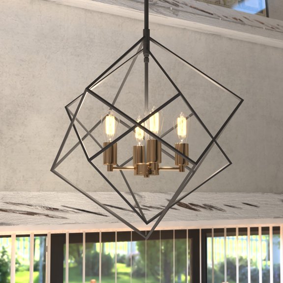 Rad 23.5-in. W 4 Light Geometric Black and Brass Pendant Cage Light