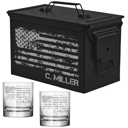 ROLYAD 50 Caliber Ammo Box Metal Ammunition Case Steel Storage Can with 11oz Rocks Whiskey Glasses