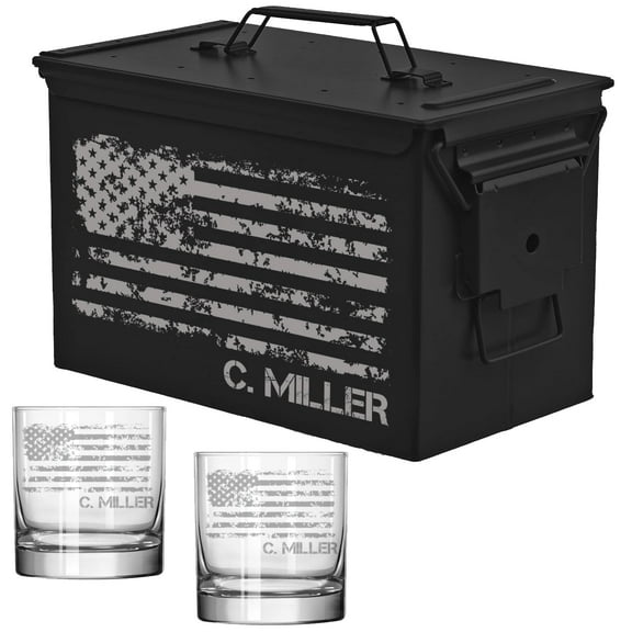 ROLYAD 50 Caliber Ammo Box Metal Ammunition Case Steel Storage Can with 11oz Rocks Whiskey Glasses
