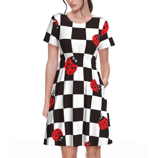 Fotbe Ladybugs Of Black And White Checkers Vestido Largo de Moda para Mujer, Vestido Tipo Camiseta con Manga Corta y Estilo Casual a Rayas y Bloques de Color