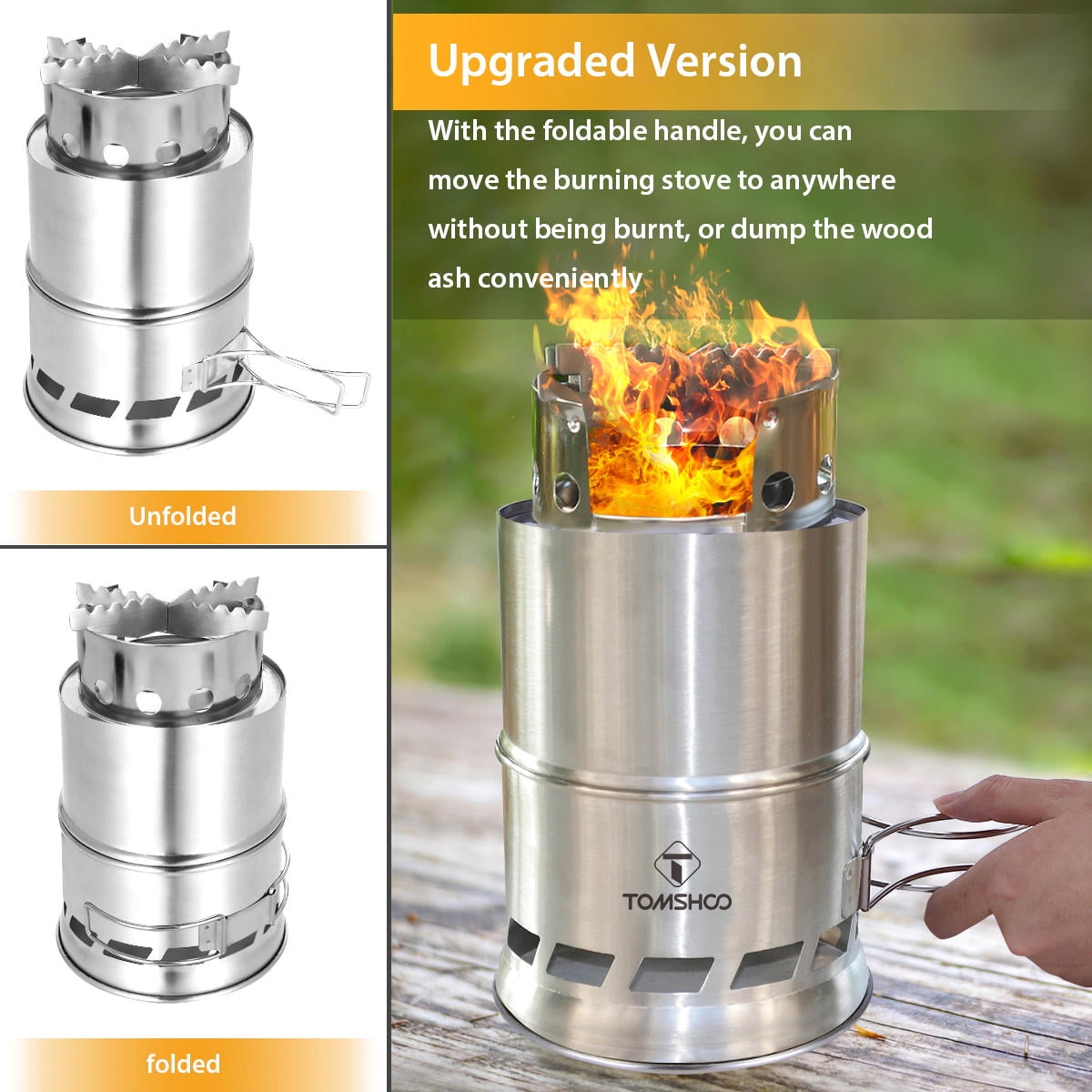 YAHHU Portable Stainless Steel Wood & Alcohol Camping Stove with Foldable Handle, Windproof Stand, Ash Tray – Compact, Durable, Eco‑Friendly Outdoor Cooking