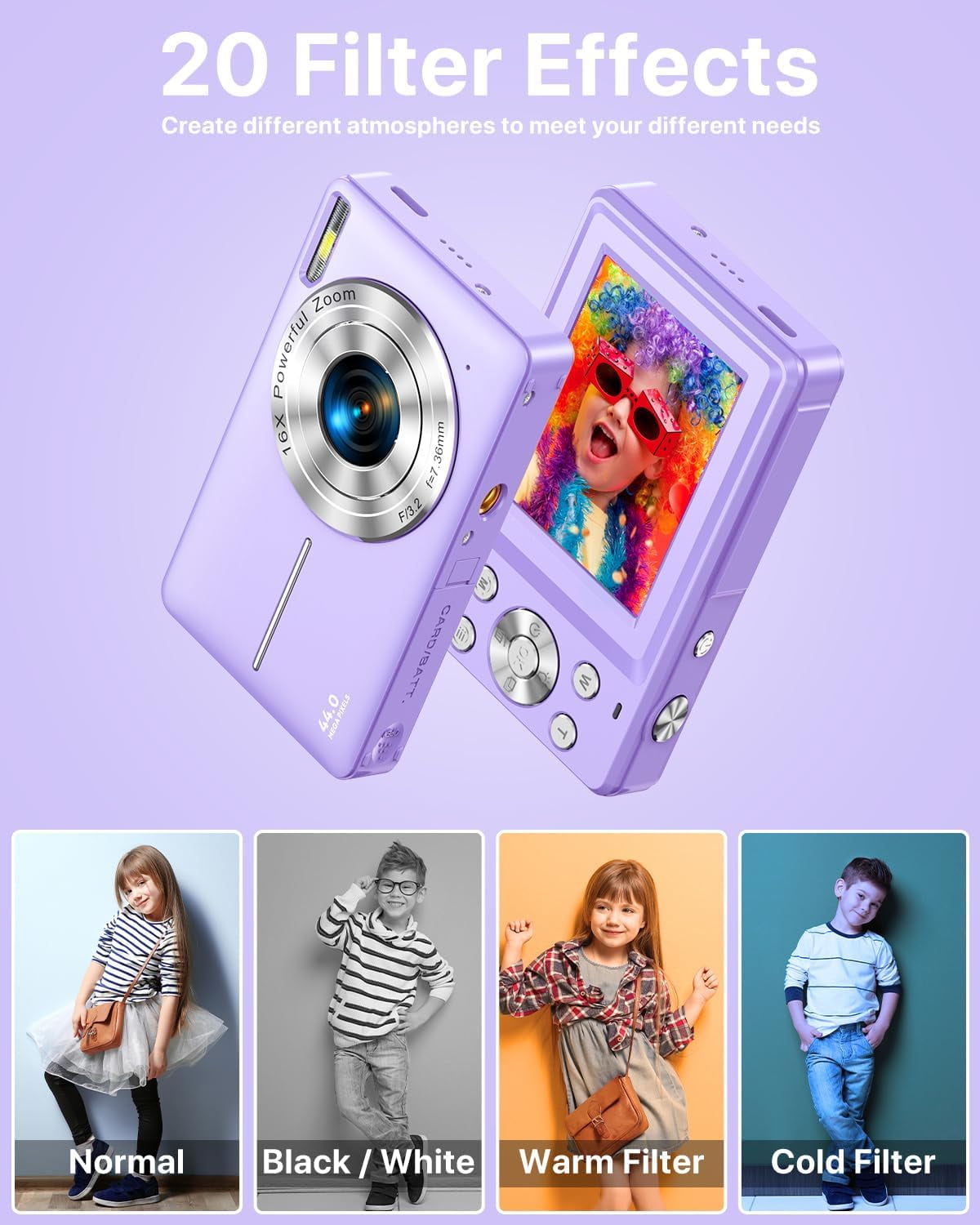 ACTITOP Digital Camera for Kids with 32GB FHD 1080P 16X Digital Zoom Compact Point and Shoot Vlogging Camera for Teens(Purple)