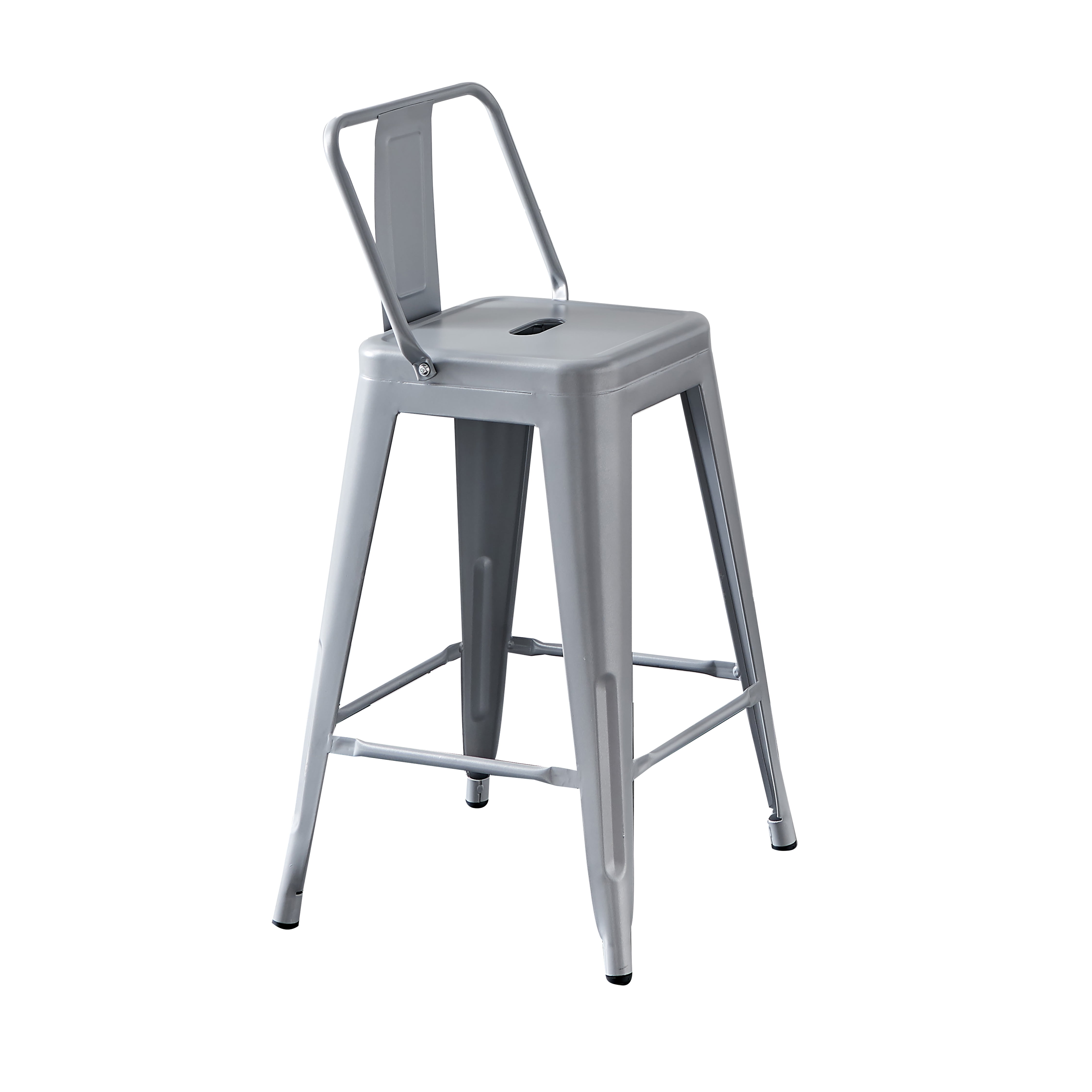 AC Pacific 24" Industrial Metal Bar Stool With Back, Silver, Set Of 2