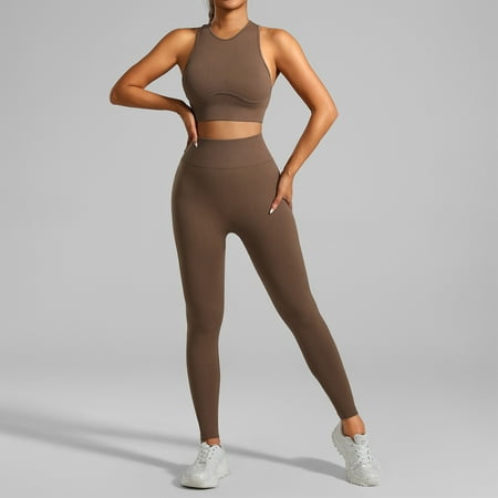 XDDLITP Womens Workout Sets 2 Piece Padded Stretchy Ribbed Sports Bra Sets with High Waisted Seamless Leggings Gym Work Out Outfits Clothes Brown L