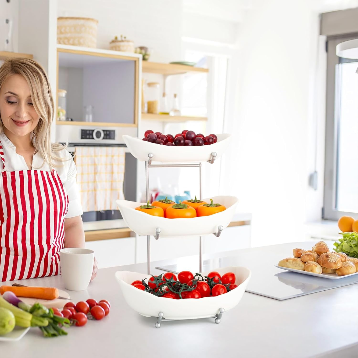 Fruit Bowl for Kitchen Counter, 3 Tier Ceramic Fruit Bowl, Tiered Fruit Basket for Countertop, Modern Multi Layer Fruit Display Stand for Party