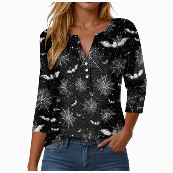 Godom Women Halloween Shirt Halloween Tshirt Graphic Tees Fall Season 3/4 Sleeve Tops