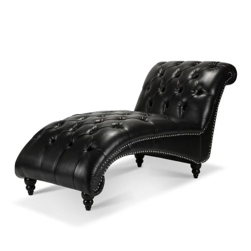 63" Black Faux Leather Chaise Lounge, Button Tufted and Nailhead Accented Armless Chair, Ergonomic Comfort Backrest – Leisure Recliner, Sleeper Sofa, Ideal for Living Room or Bedroom.
