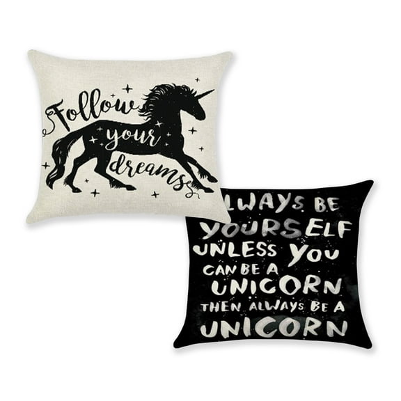 Set of 2 Pillow Covers 18x18, Be a Unicorn & Follow Your Dreams Design / Cotton Linen Fabric Decorative Indoor / Outdoor Throw Pillow Case Set 45x45cm