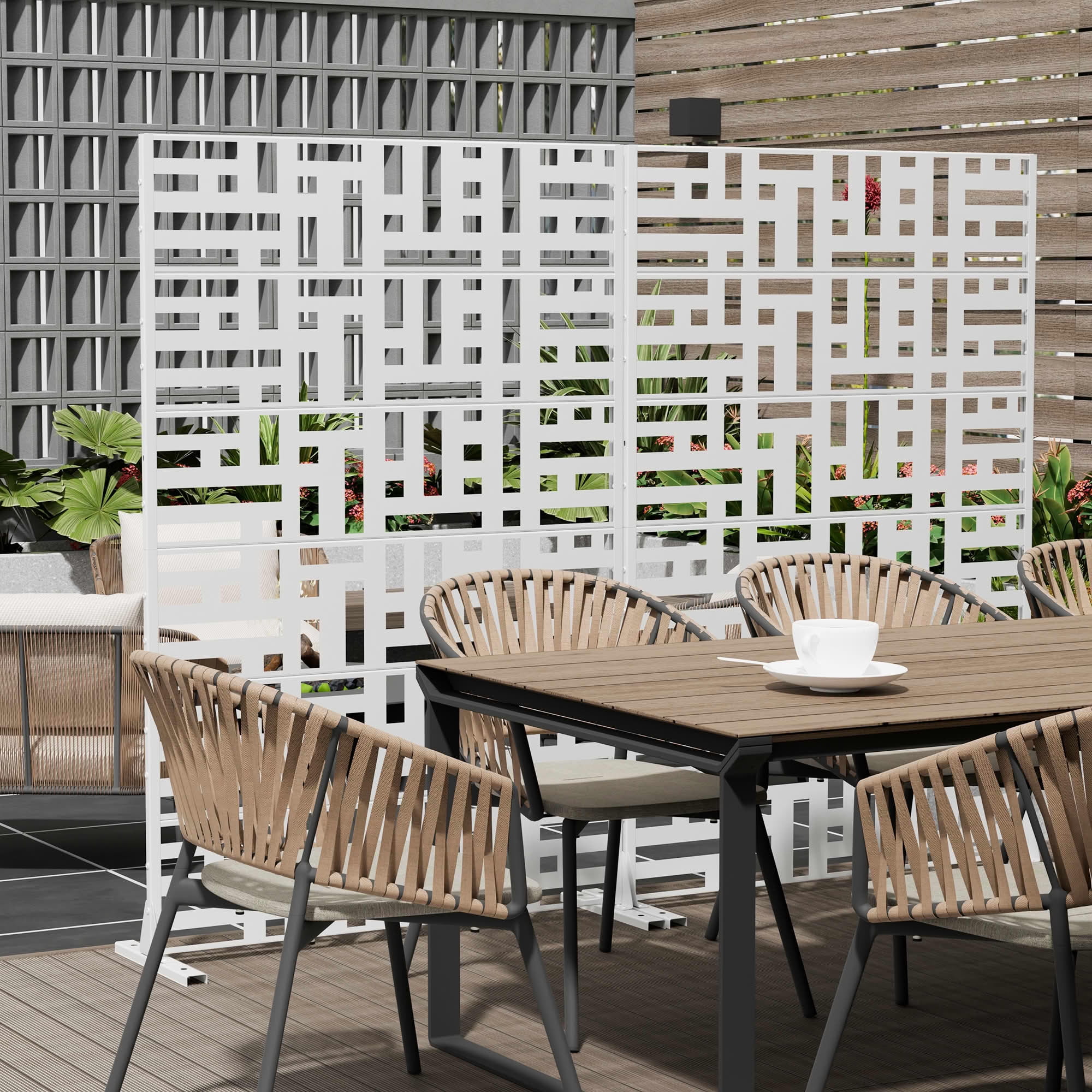 MAYEERTY 72"x47" Outdoor Privacy Screen, 6-Panel White Street Pattern Galvanized Steel Screen, Decorative Cutout Fence for Patio Yard