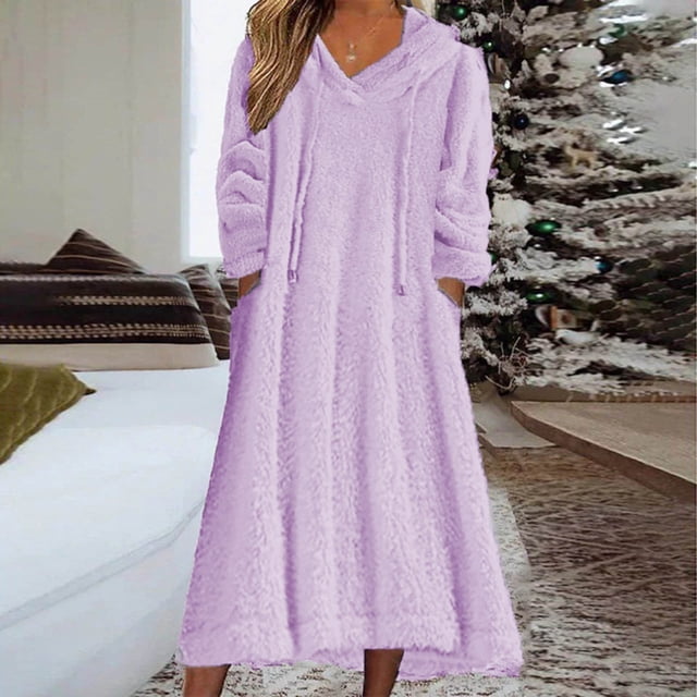 Sakmal Robe de Maison pour Femmes Grande Taille Chaude Robe de Nuit d'Hiver à Manches Longues Nuisettes Violettes