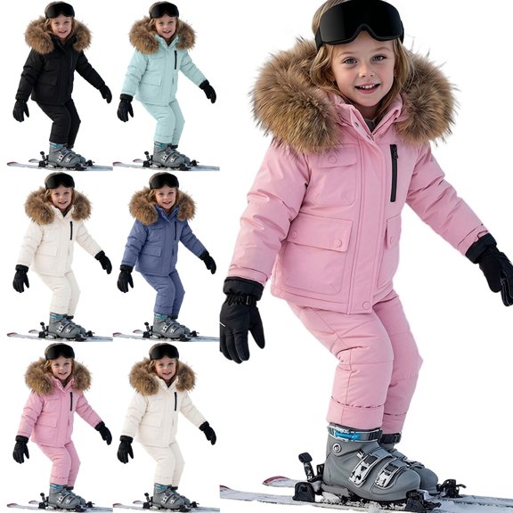 WAVSUF Girls Snowsuit Sets 2 Piece Waterproof Insulated Ski Puffer and Snow Pants Overall Winter Warm Hooded Snow Outfits Pink 7-8