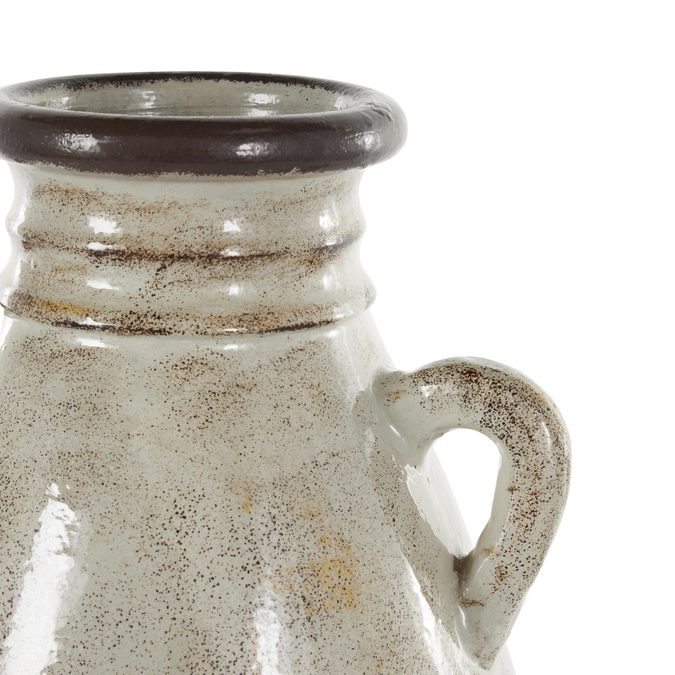 DecMode 18" Antique Amphora Cream Ceramic Vase with Speckled Texturing and Yellow and Brown Accents