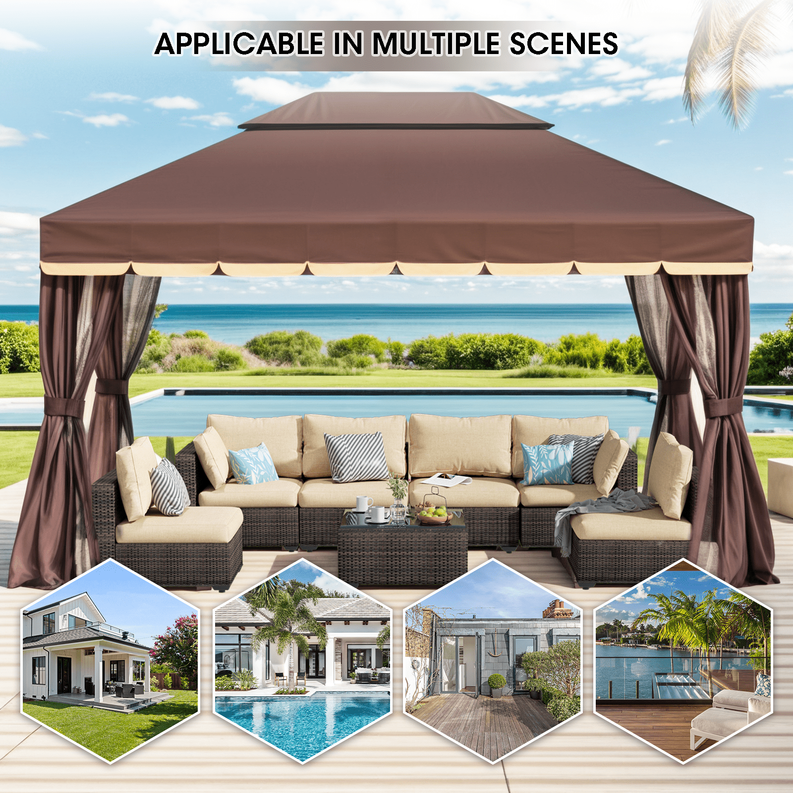 Gaptain 10×12 FT Deluxe No Screws Gazebo,Double Roof Outdoor Shelter Tent with Mosquito Nettings and Privacy Screens, Brown