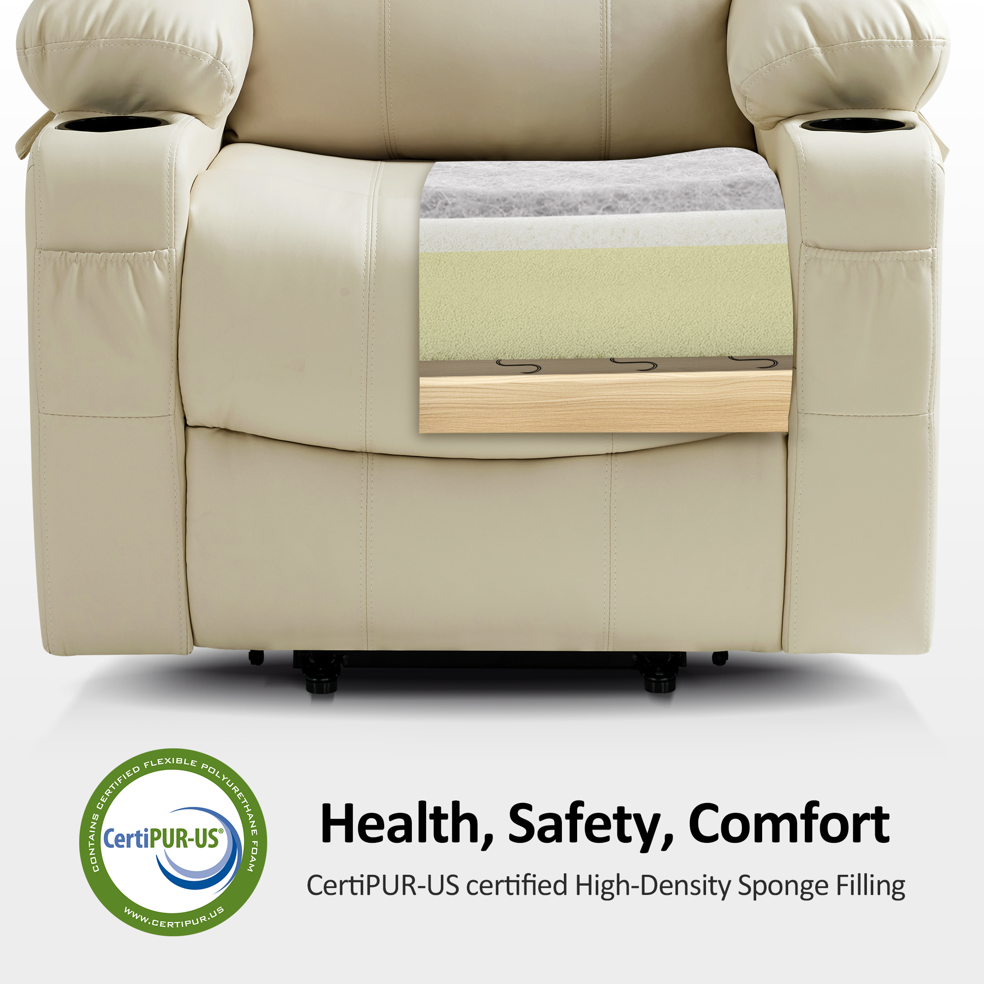 MCombo Electric Power Lift Recliner Chair with Vibration and Heat for Elderly, Faux Leather, Cream White