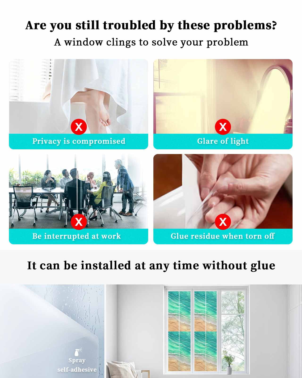 Window Privacy Film, Green Ocean Ombre UV Sun Blocking Window Tint Film Heat Control One Way Blackout Window Film, Spring Summer Coastal Sea Wave Non Adhesive Static Cling Window Sticker 17.7x78.7 In