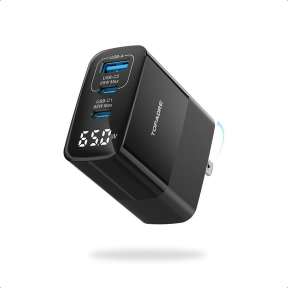 TOPADRE 65W GaN 3-Port Fast Charger with HD Power Display, Dual USB-C PD & USB-A, Foldable Wall Charger for iPhone, Samsung, Laptop
