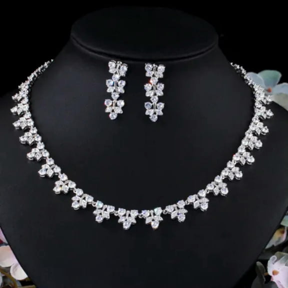 Dazzling CZ Bridal Costume Jewelry Leaf Tennis Chorker Necklace and Earring Set