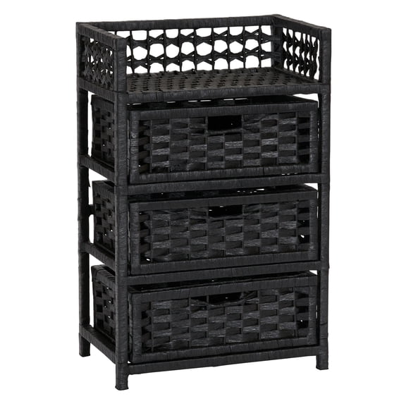 Household Essentials Woven 3 Drawer Chest with Cutout Handles, Paper Rope Stained, Weather Resistant, Black
