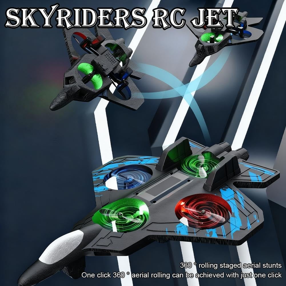 Skyriders RC Jet, Foam Remote Control Fighter Jet Airplane with 360° Flips & LED Lights, 2.4GHz Easy-Fly RC Stunt Plane Toy, Durable Drop-Resistant Jets Drone Great Christmas Birthday Gifts