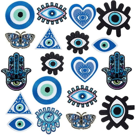 20pcs Evil Eye Iron on Patches Blue Evil Eye Embroidery Patch 10 Styles Hand Heart Sew on Patch Cartoon Appliques Patches for Summer Clothing T-Shirt Jacket Jeans Backpack Hat