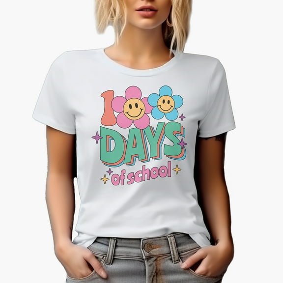 100 Days of School with Retro Smiling Flowers Art Merch Gift, White T-Shirt, Small