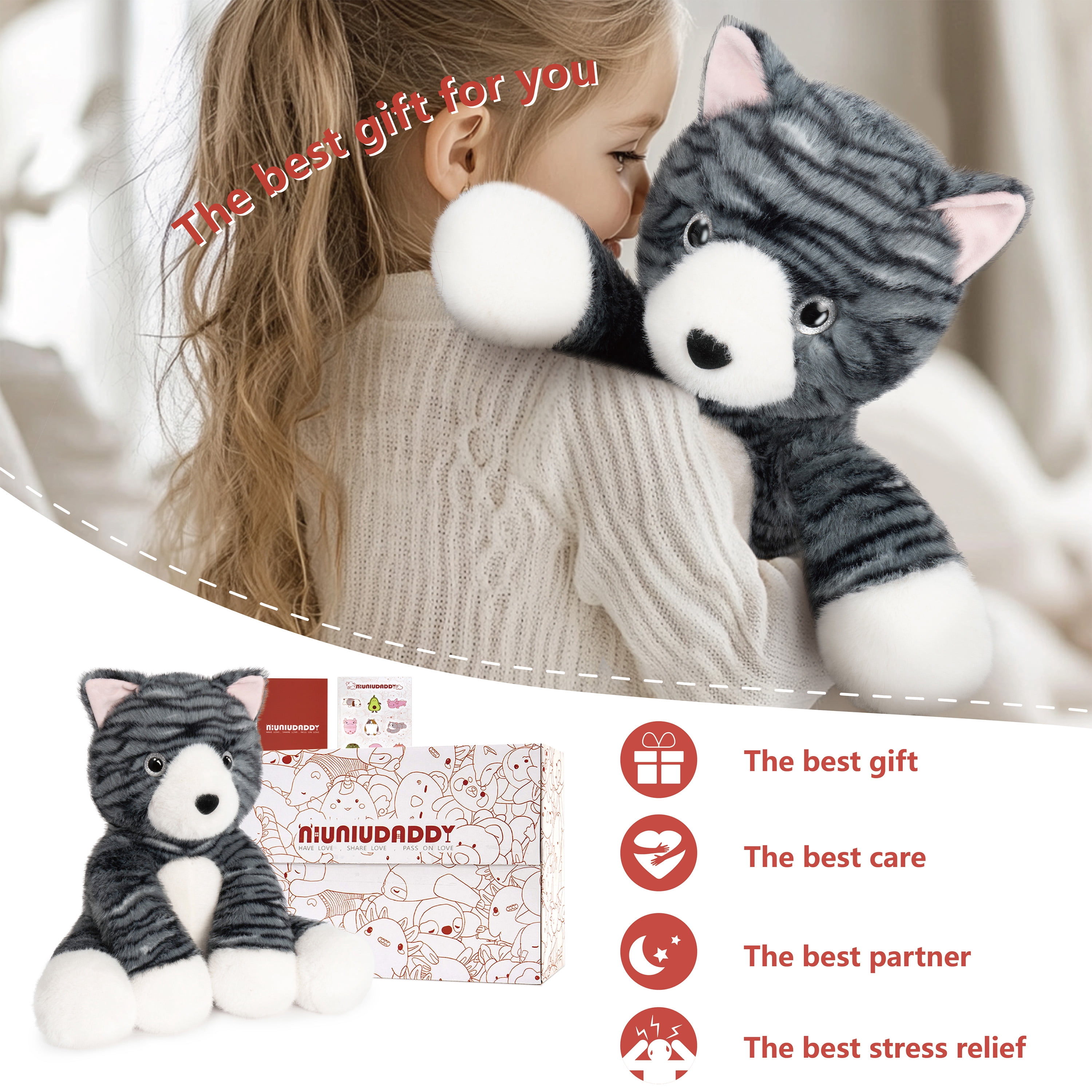 Niuniu Daddy 13.8" Sitting Cat Weighted Stuffed Animals,4 lb Giant Weighted Cat Plush Toy Body Pillow with Soft Faux Fur, Birthday Gift for Baby, Kids & Adults