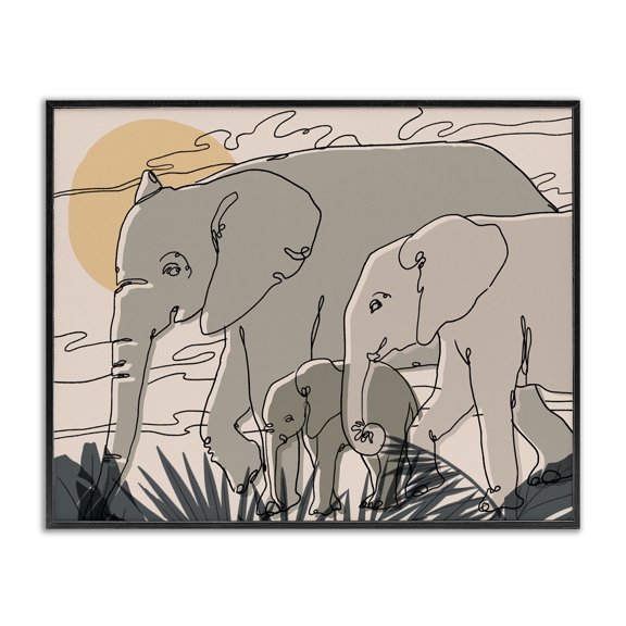 Stupell Industries Mid-Century Elephant Family March Safari Sun Sky Abstract Linework Black Framed Giclee Art, 14 x 11, by Ziwei Li