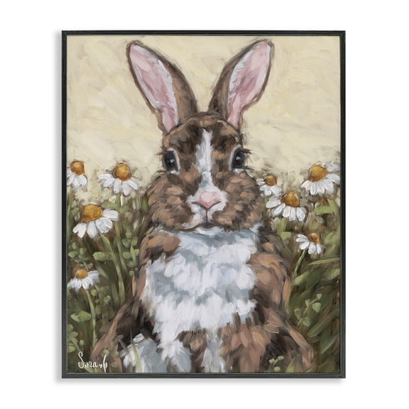 Stupell Industries Rabbit Portrait with Daisies Animals Painting Black Framed Art Print Wall Art, 11 x 14