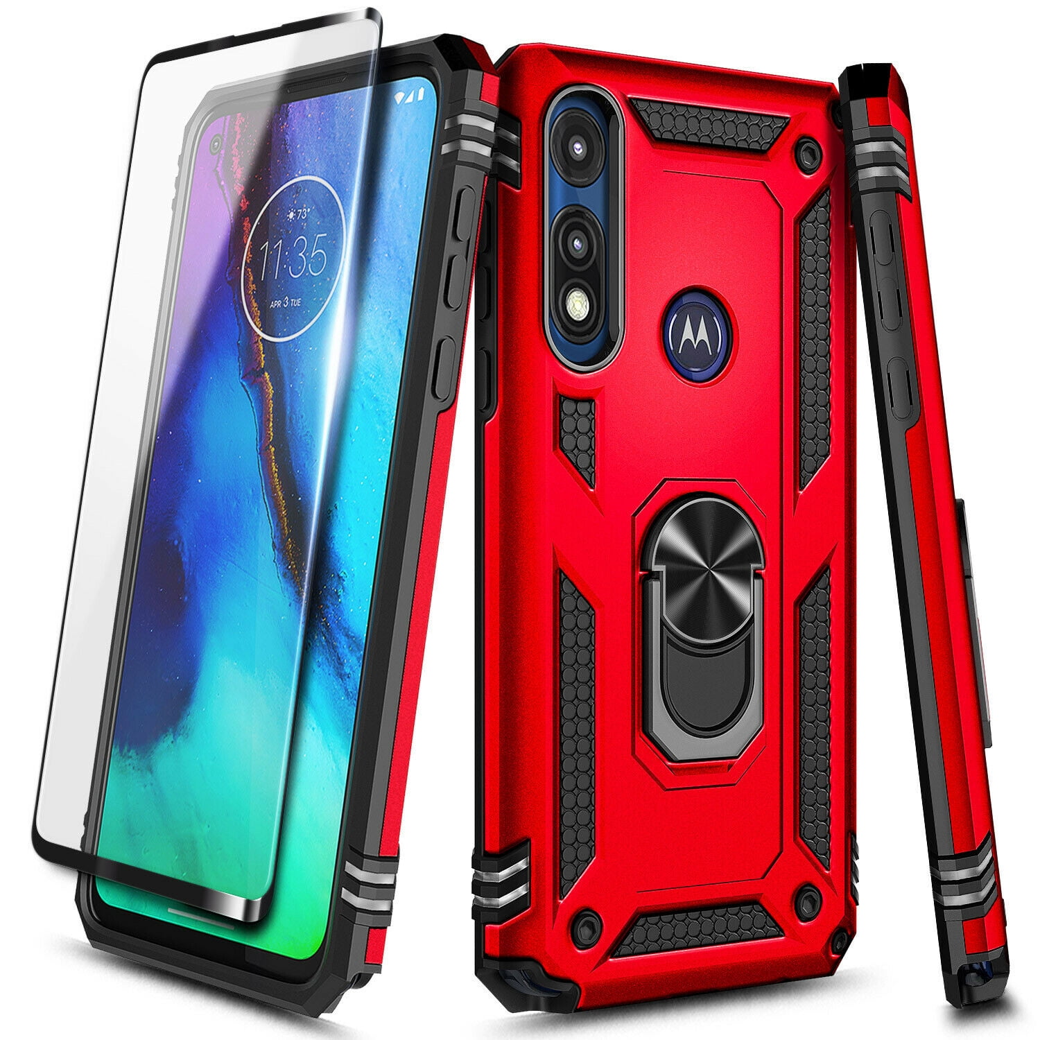 Telegaming Dual Layer Hybrid Tank Armor Case with Kickstand Shockproof Soft TPU & Tough PC Back Cover,Red Flyme for Moto E 2020 Case,Moto E7 Case with Tempered Glass Screen Protector