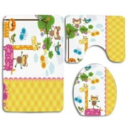 PUDMAD Baby Kids Butterflies Trees Blossoms and Checkered Ornament 3 Piece Bathroom Rugs Set Bath Rug Contour Mat and Toilet Lid Cover