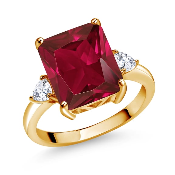 Gem Stone King 18K Yellow Gold Plated Silver 3-Stone Ring Octagon Red Created Ruby and Moissanite (6.02 Cttw, Size 8)