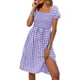 thumbnail image 3 of Qiylii Women Midi Dress, Elegant Short Sleeve Square Neck Plaid Summer Casual Daily Dress, 3 of 7