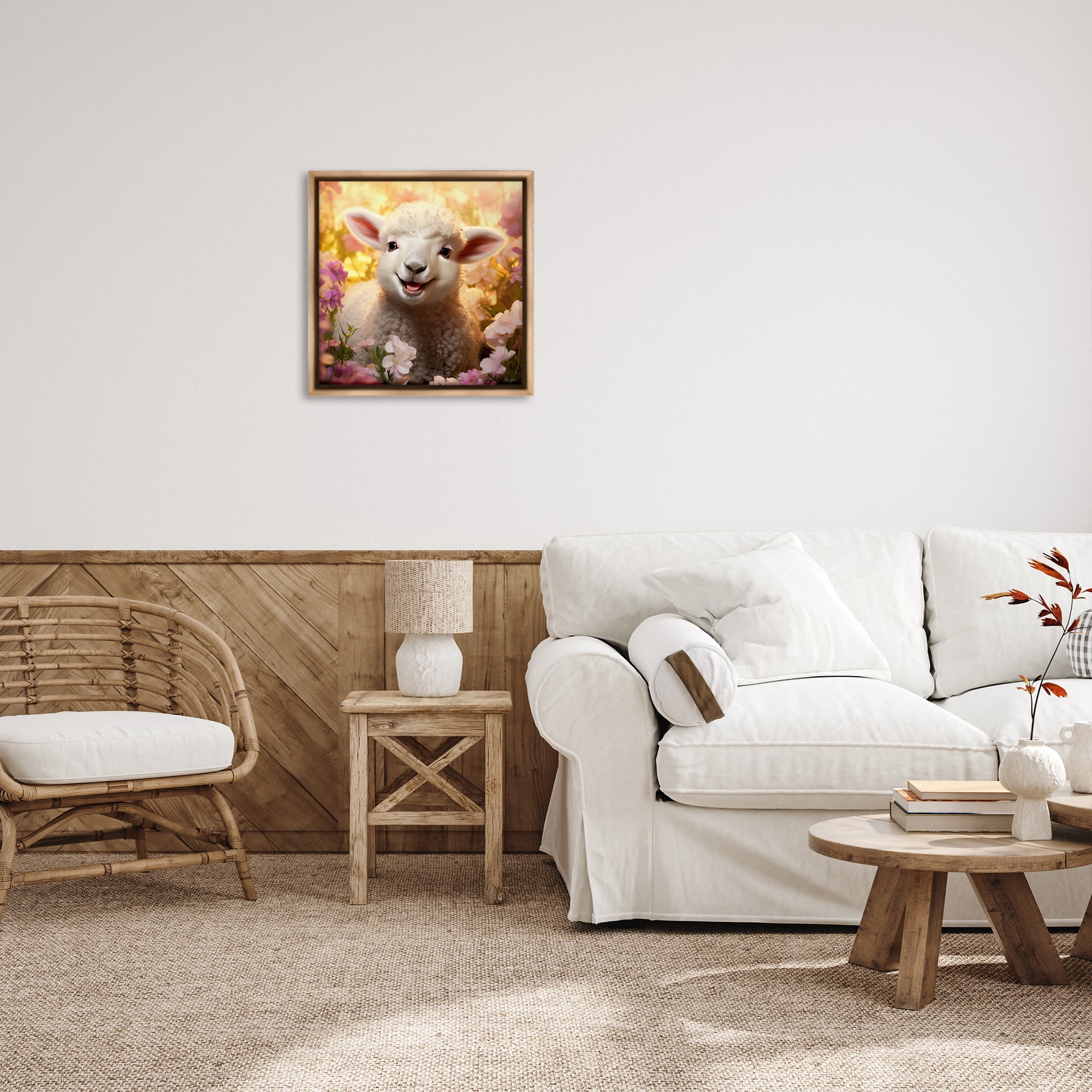 Stupell Industries Lamb in Flower Meadow Animals & Insects Painting Brown Floater Framed Canvas Art Print Wall Art, 25 x 25