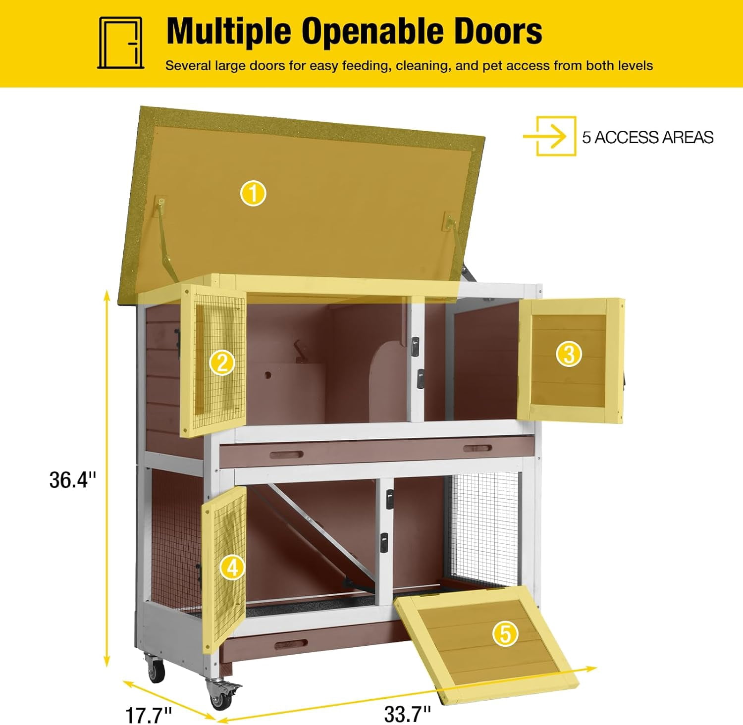 Aivituvin 36" Rabbit Hutch Bunny Cage Indoor Outdoor Guinea Pig Cage 2 Story Wth Trap Door, 2 Tray,Wheels,Brown