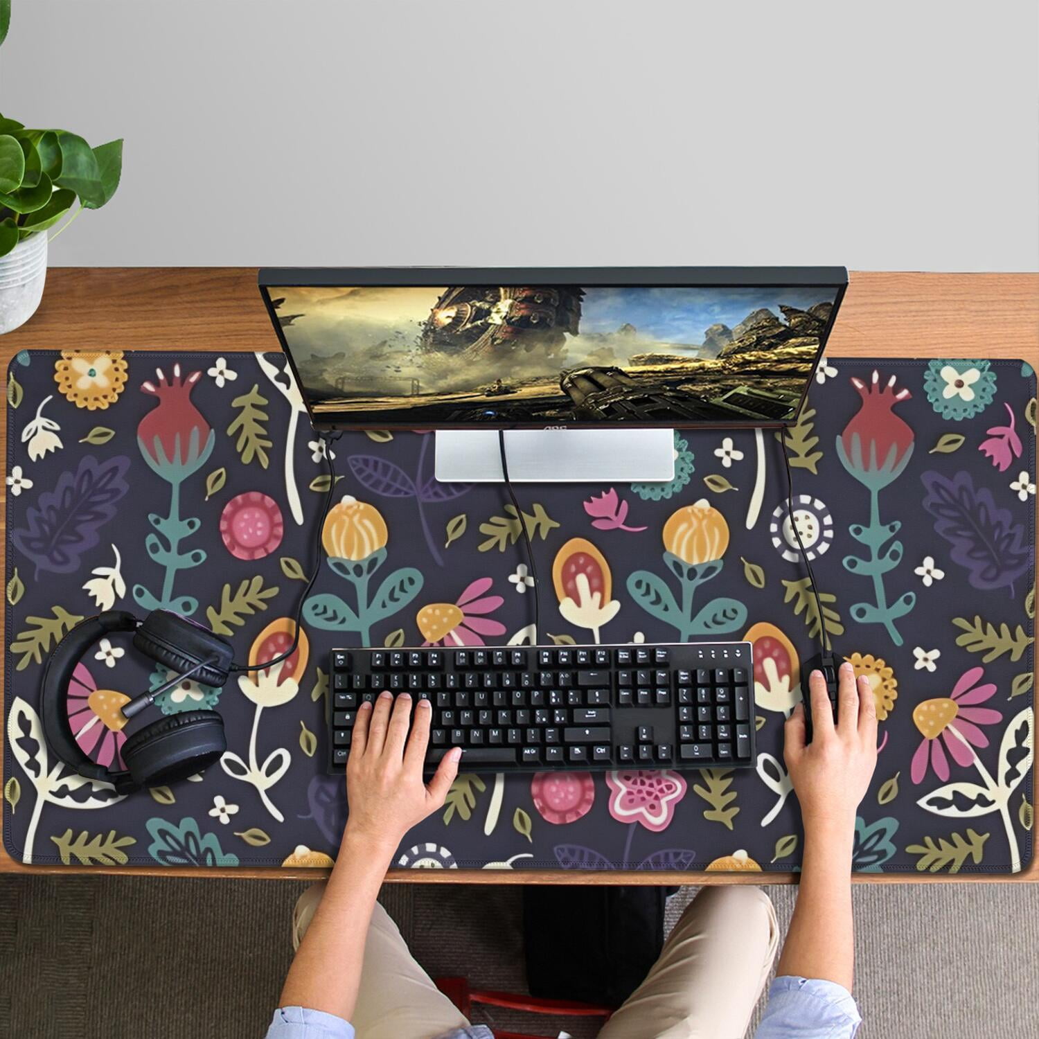 Long Mouse Pads for Desk,Pioneer Flower Floral Print Pattern Desk Mats on Top Of Desks, Desk Mouse Pad Extra Large with 3mm Non-Slip Base and Stitched Edge for Gaming,Office,Work,Home 47.3"x23.6"