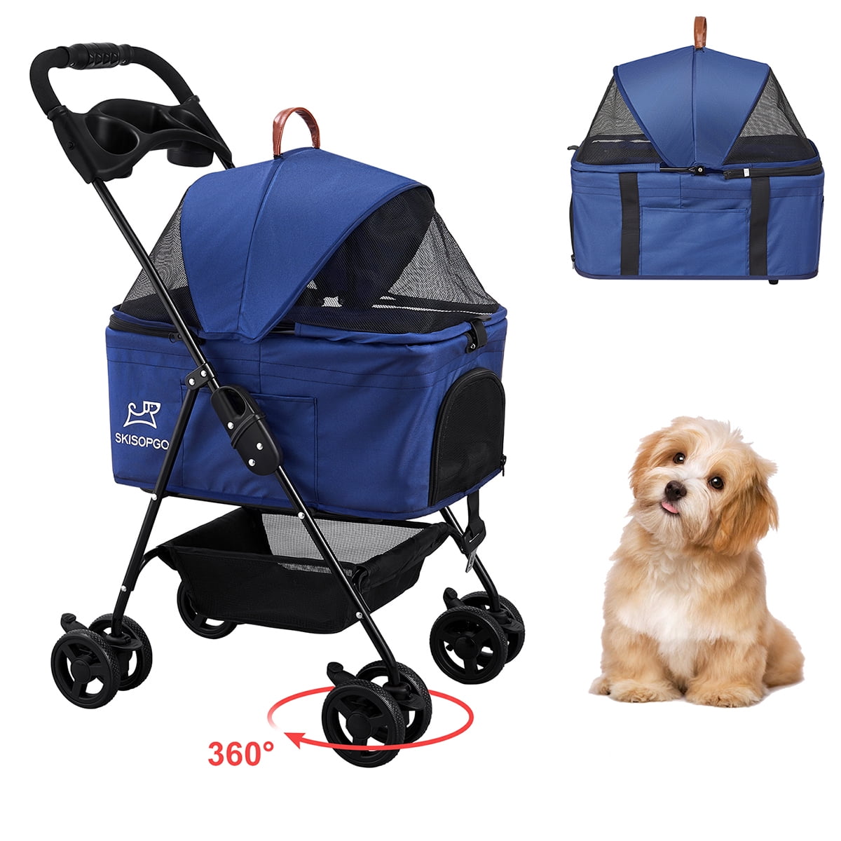 SKISOPGO Pet Dog Stroller for Small Cats and Dog Foldable Four Wheels