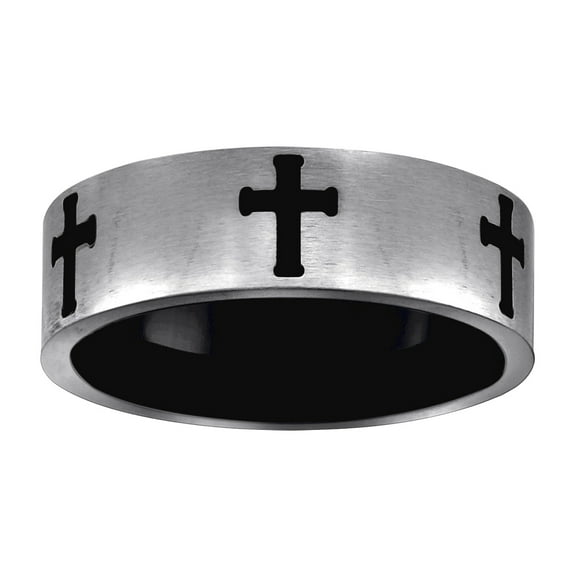 Stainless Steel Mens Black Laser Engraved Irish Claddagh Celtic Trinity Knot Religious Faith Cross Brushed Comfort-fit F