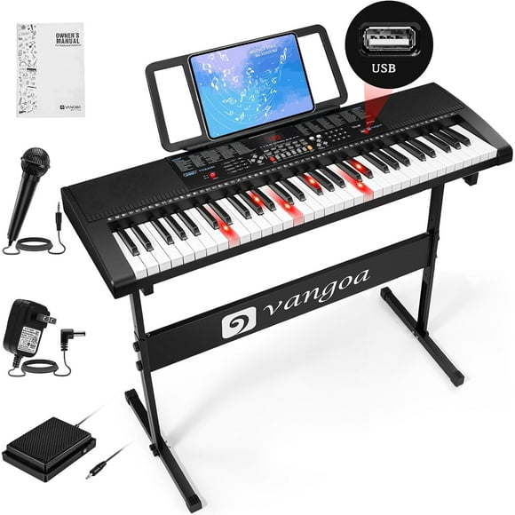 Vangoa 61 Key Teaching Electronic Keyboard Piano with Lighted Up Keys for Kids Teens Adults, with Stand Pedal Microphone, USB, Built-in Speakers