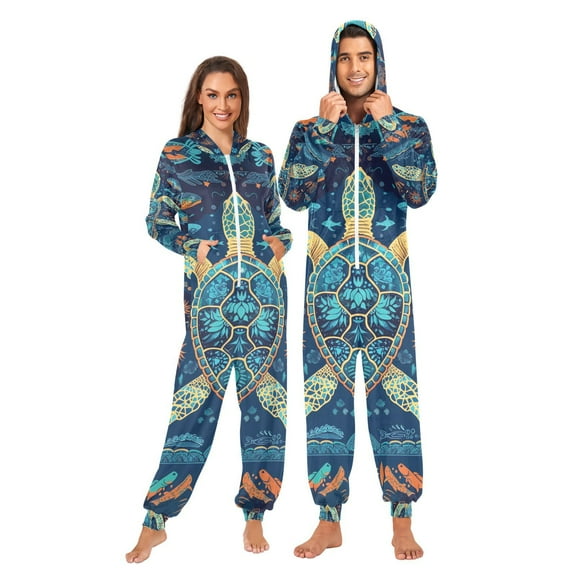 Mystery Turtle Adult Onesie Pajamas Slim Fit Christmas One Piece Suit Pjs for Women and Men Hooded Zipper