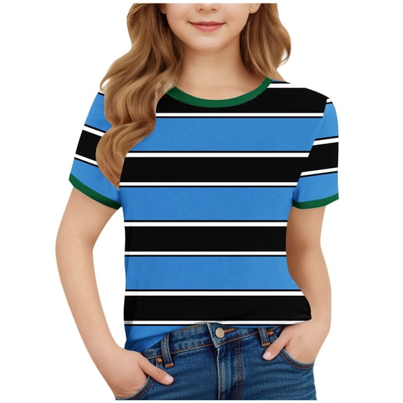 hoksml Big Kids Girls Summer Stripe Print T-Shirt Casual Short Sleeve Round Neck Tee Graphic Pattern Top for Youth